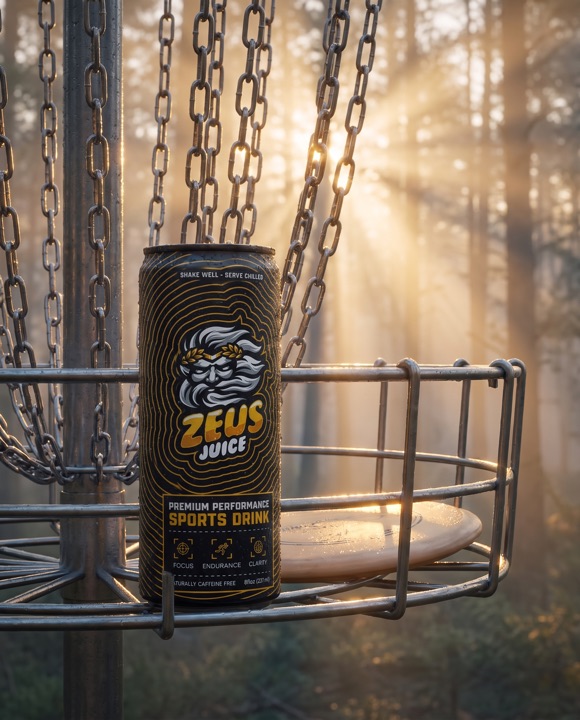 Zeus Juice can in a disc golf basket at sunrise