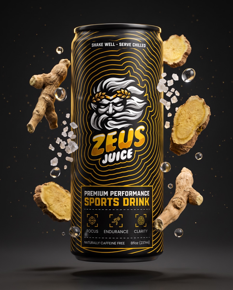 One Zeus Juice can surrounded by its ingredients