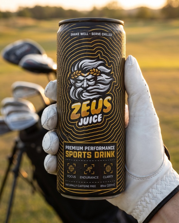 Gloved golfer's hand holding a Zeus Juice can at sunset