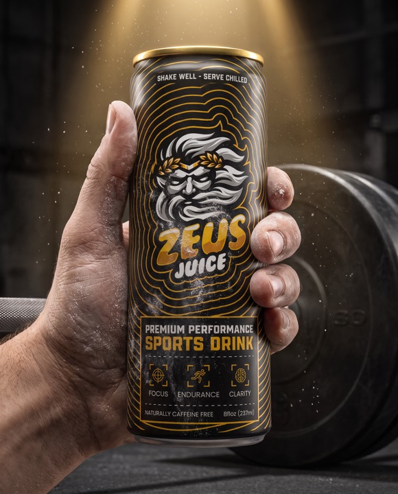 Chalked hand gripping a Zeus Juice can in the gym