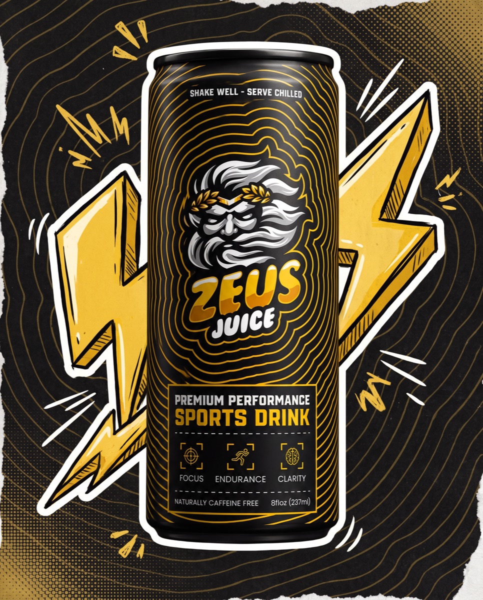 Zeus Juice can with hand-drawn gold lightning bolts