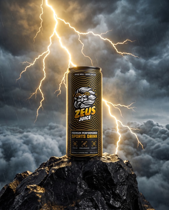 Zeus Juice can on a mountain peak with lightning behind it