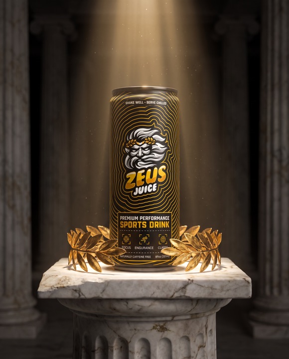 Zeus Juice can on a marble column with a gold laurel wreath
